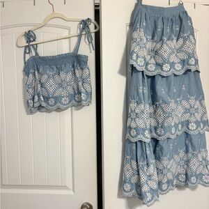 Blue and White Floral Embroidered Skirt Set